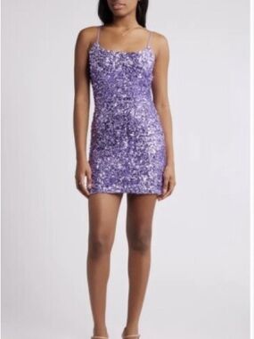 Sequin Spaghetti-Strap Mini Dress in Lavender